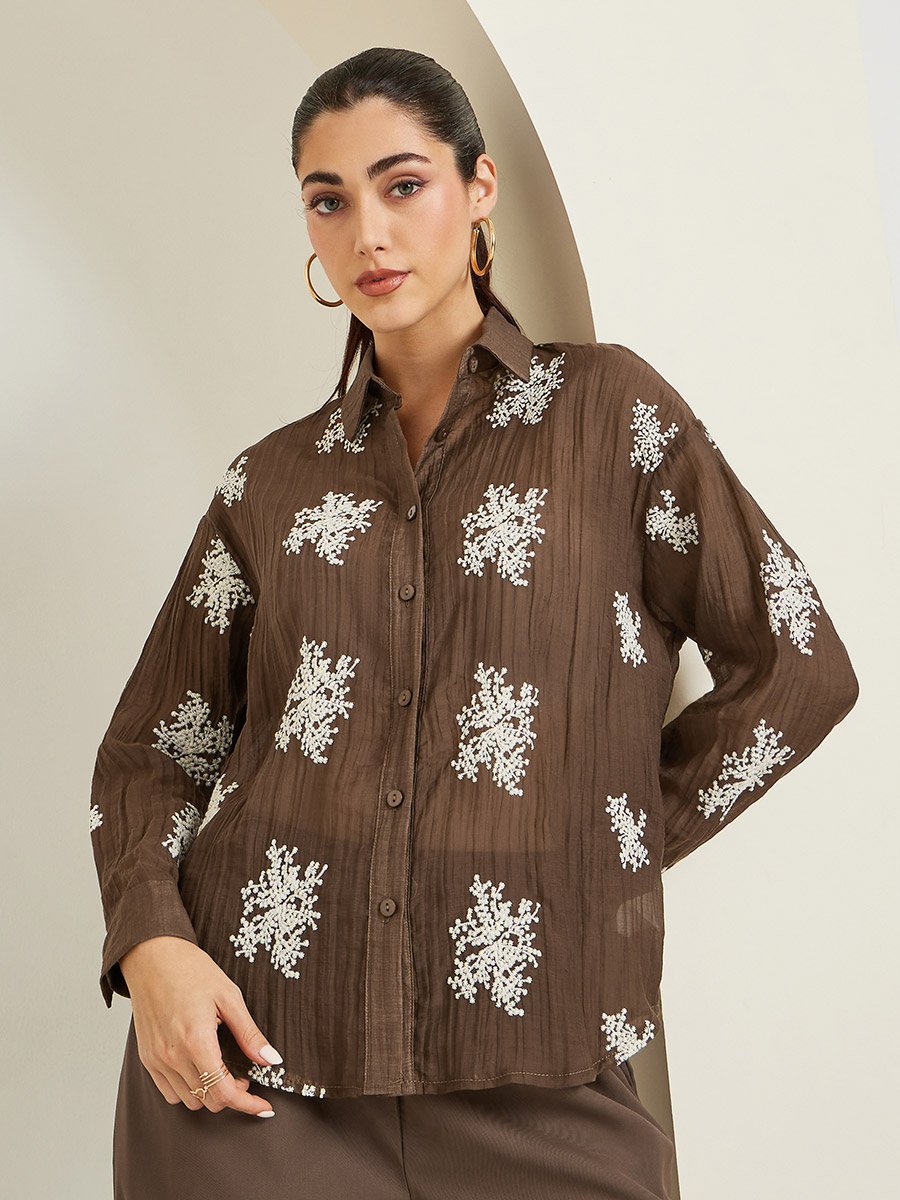 Women Brown Embroidered Long Sleeve Shirt