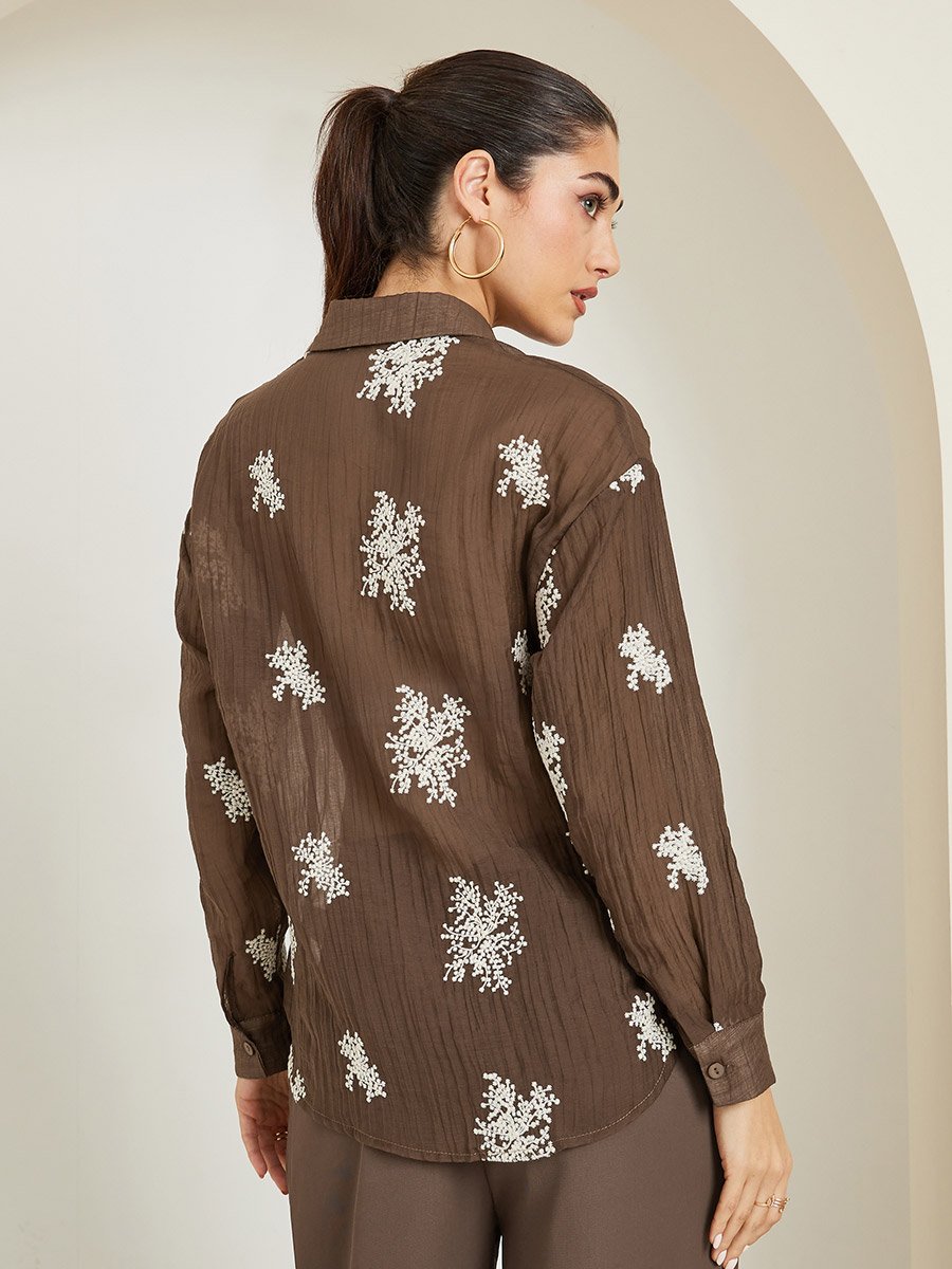 Women Brown Embroidered Long Sleeve Shirt