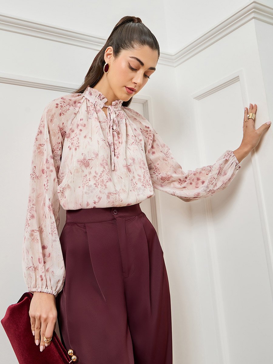 Women Pink Floral Print Tie Neck Blouse