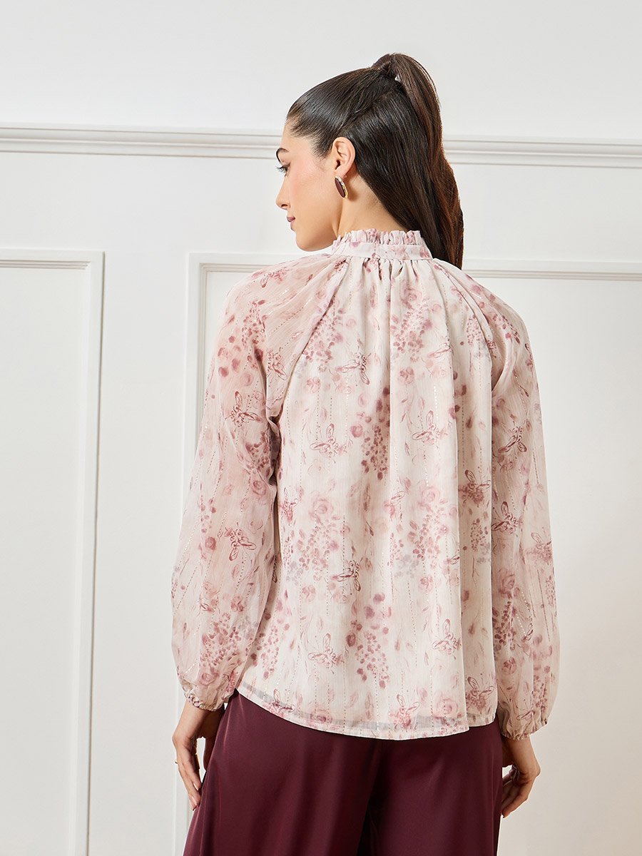 Women Pink Floral Print Tie Neck Blouse