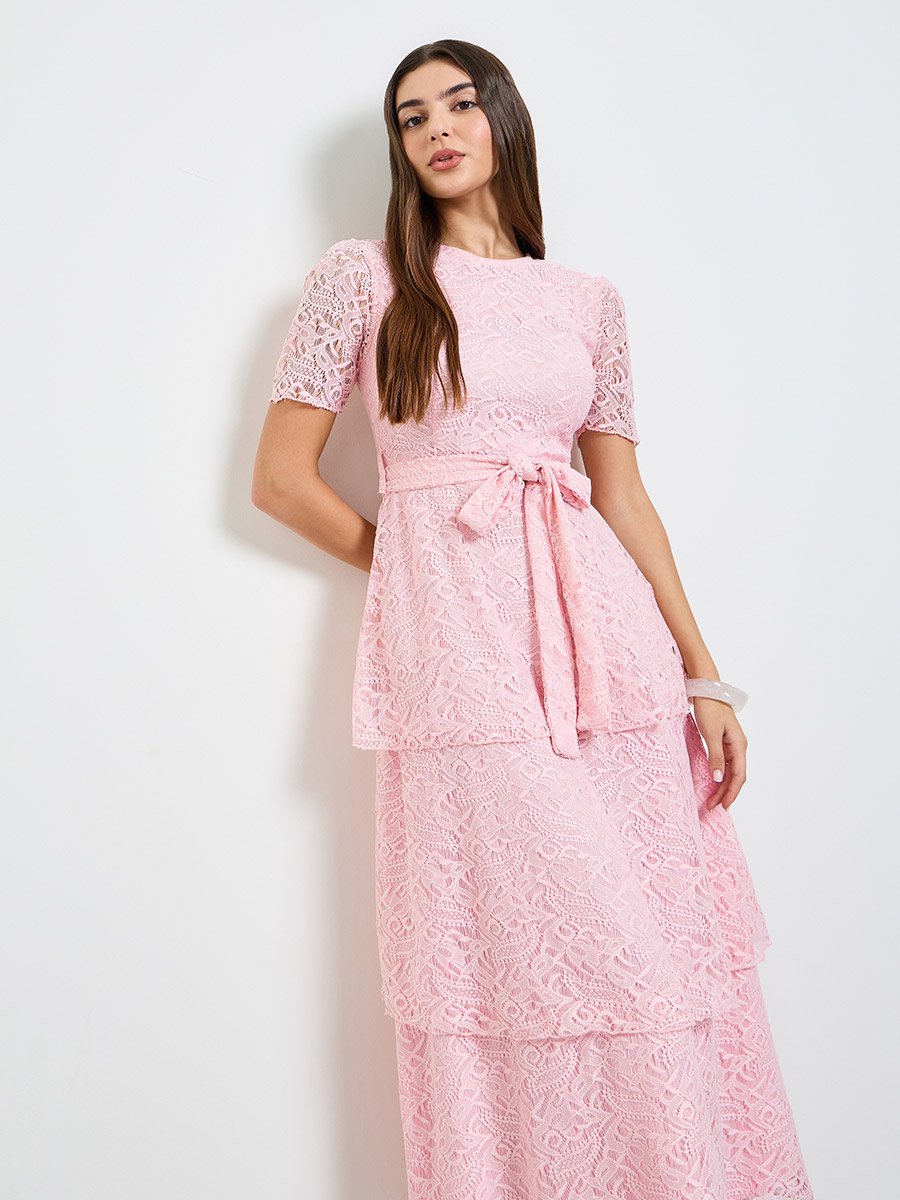Pink Lace Layered Maxi Dress with Tie-Belt