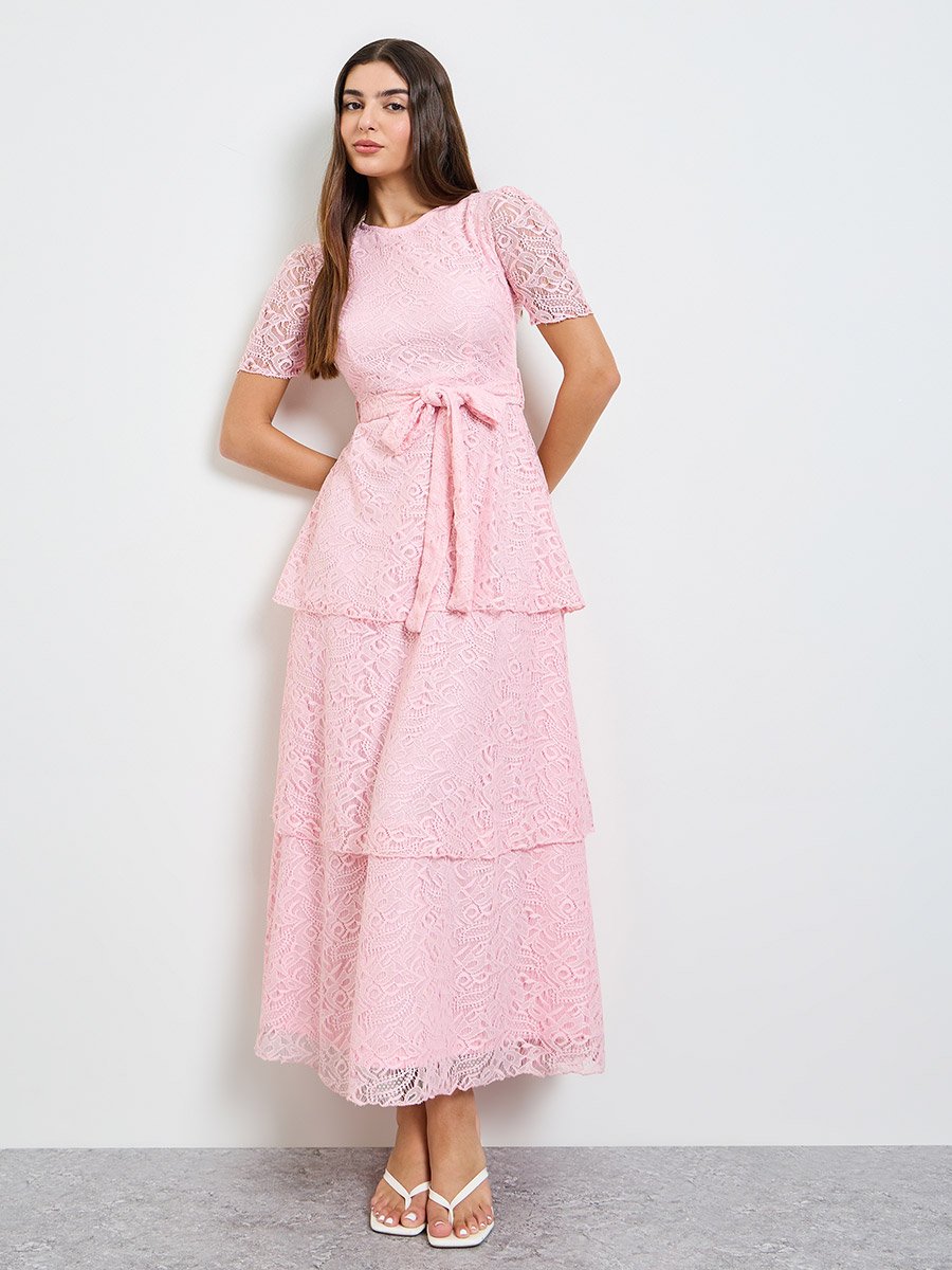 Pink Lace Layered Maxi Dress with Tie-Belt
