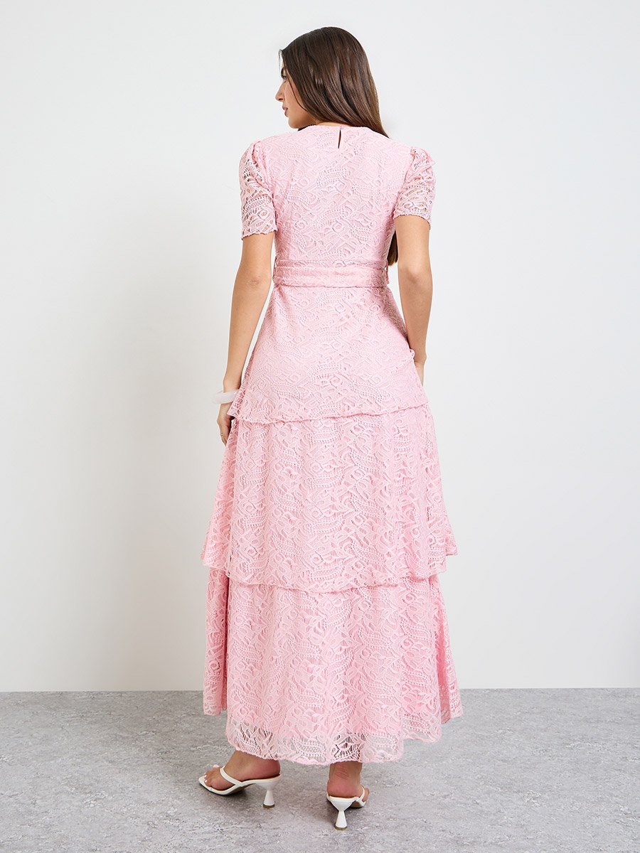 Pink Lace Layered Maxi Dress with Tie-Belt