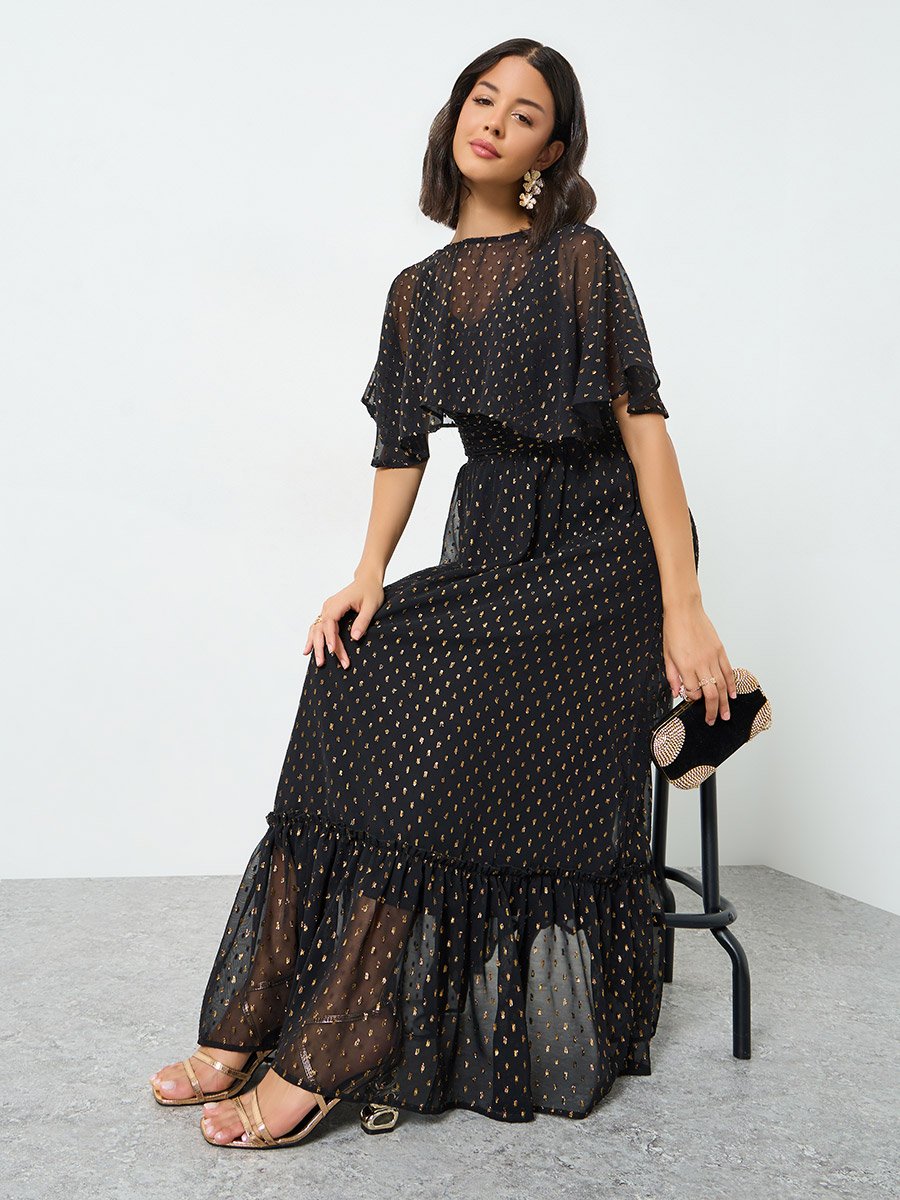 Black Lurex Foil Cape Sleeve Maxi Dress