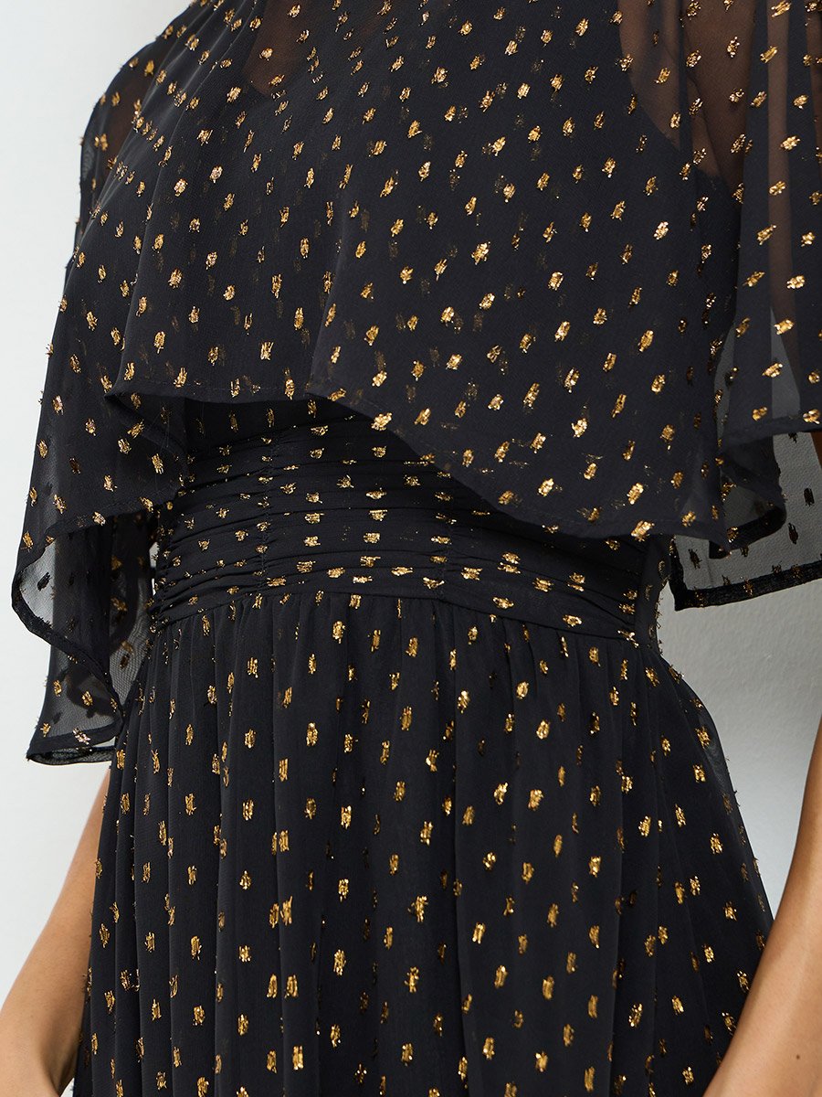 Black Lurex Foil Cape Sleeve Maxi Dress