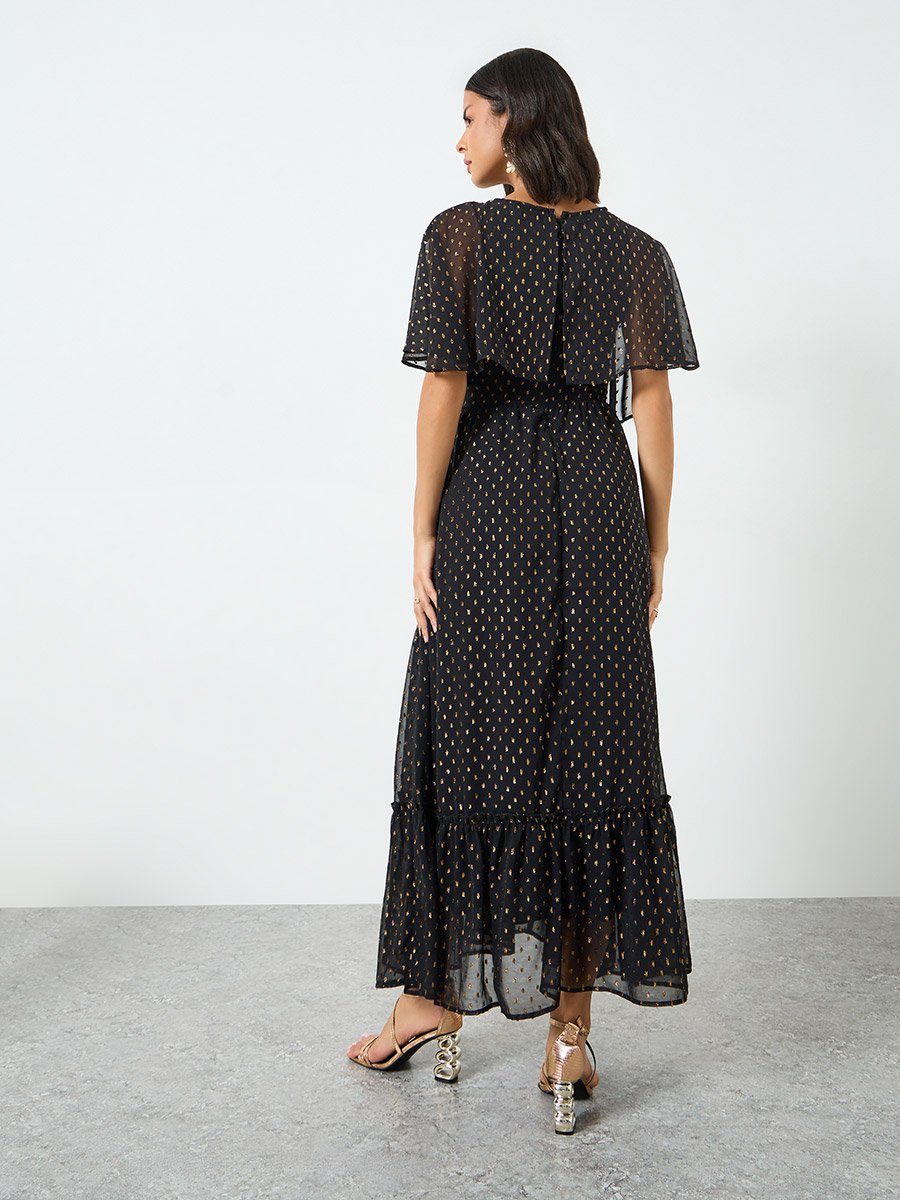 Black Lurex Foil Cape Sleeve Maxi Dress