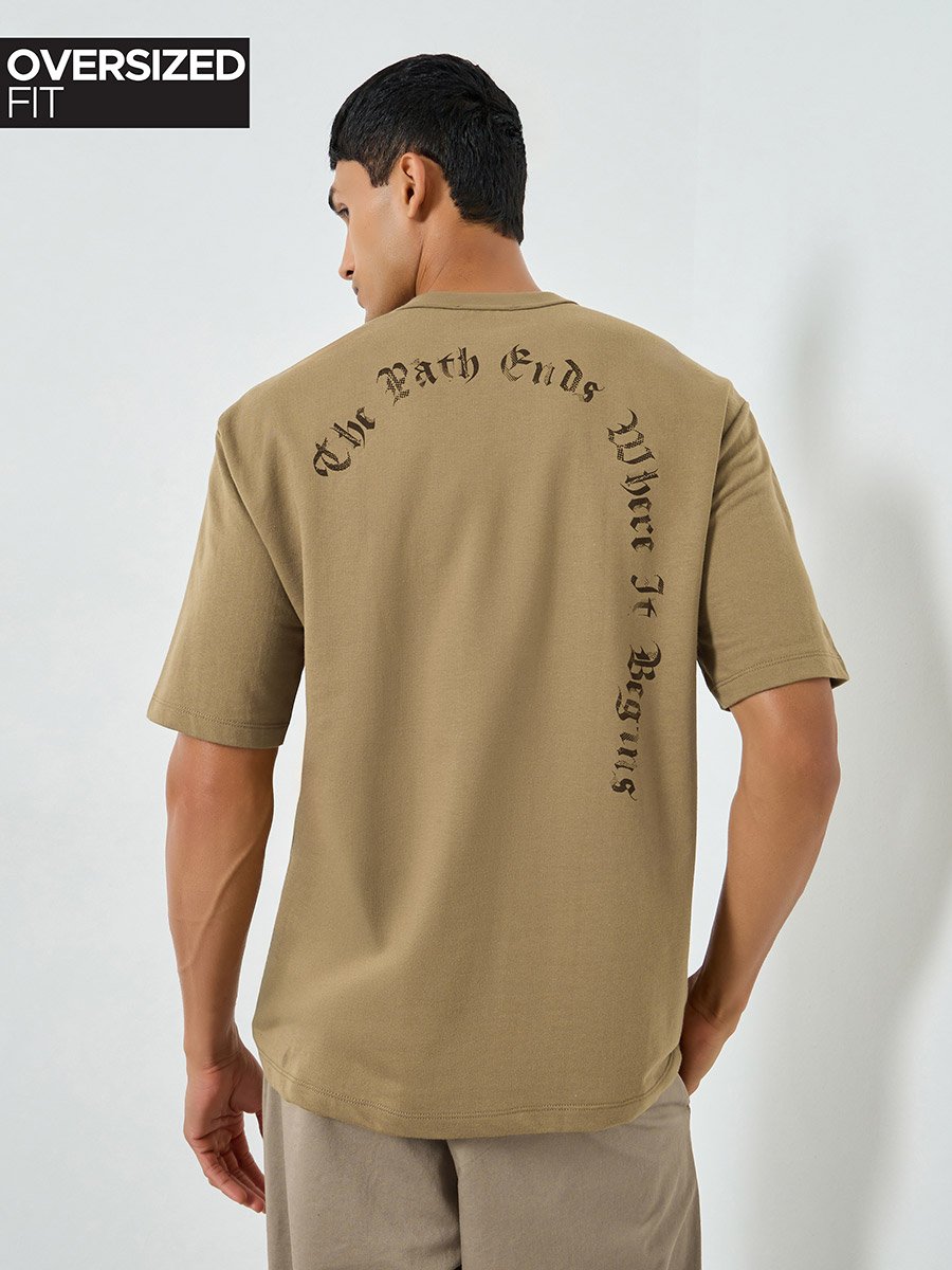 Men Beige Graphic Print Oversized T-Shirt
