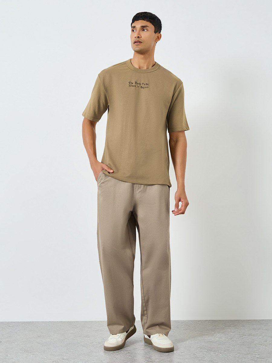 Men Beige Graphic Print Oversized T-Shirt