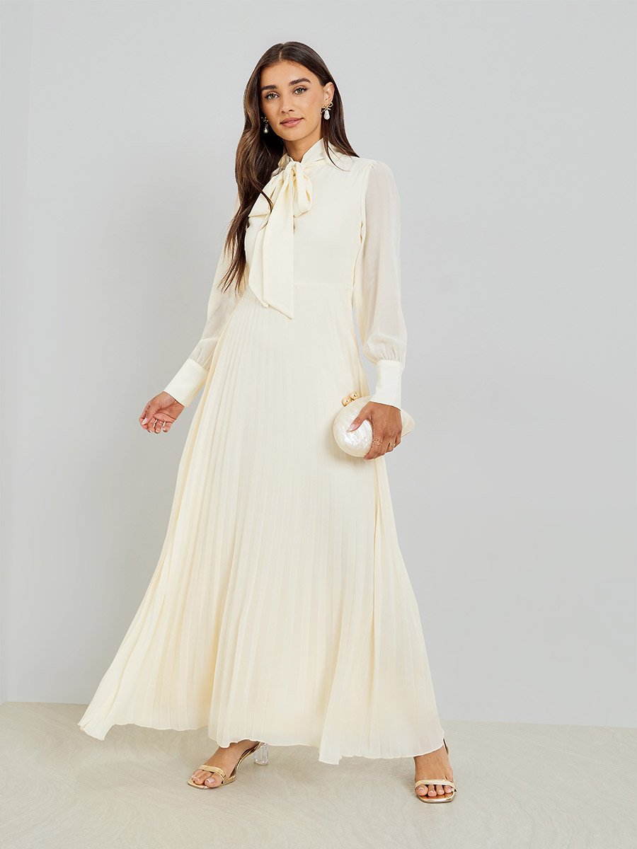 Women Off-White Pleated A-Line Maxi Dress For Women at Saudi | Styli Women Off-White Pleated A-Line Maxi Dress For Women at Saudi | Styli