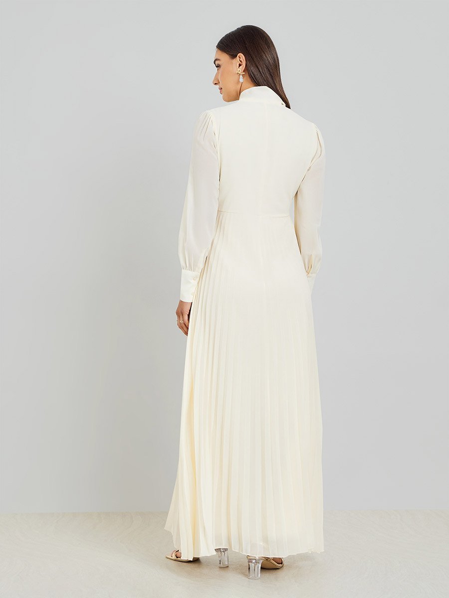 Women Off-White Pleated A-Line Maxi Dress For Women at Saudi | Styli Women Off-White Pleated A-Line Maxi Dress For Women at Saudi | Styli