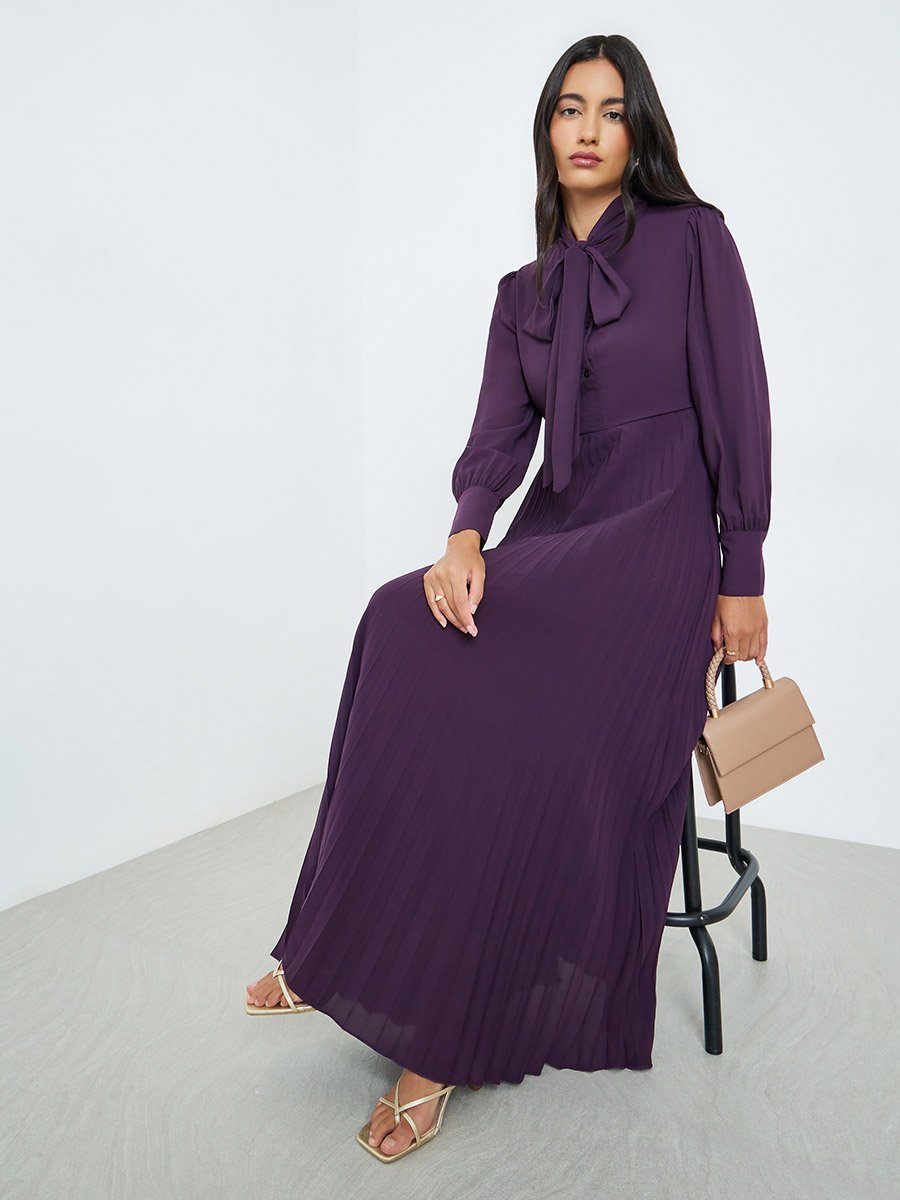 Purple Pleated Maxi Dress with Bow Tie