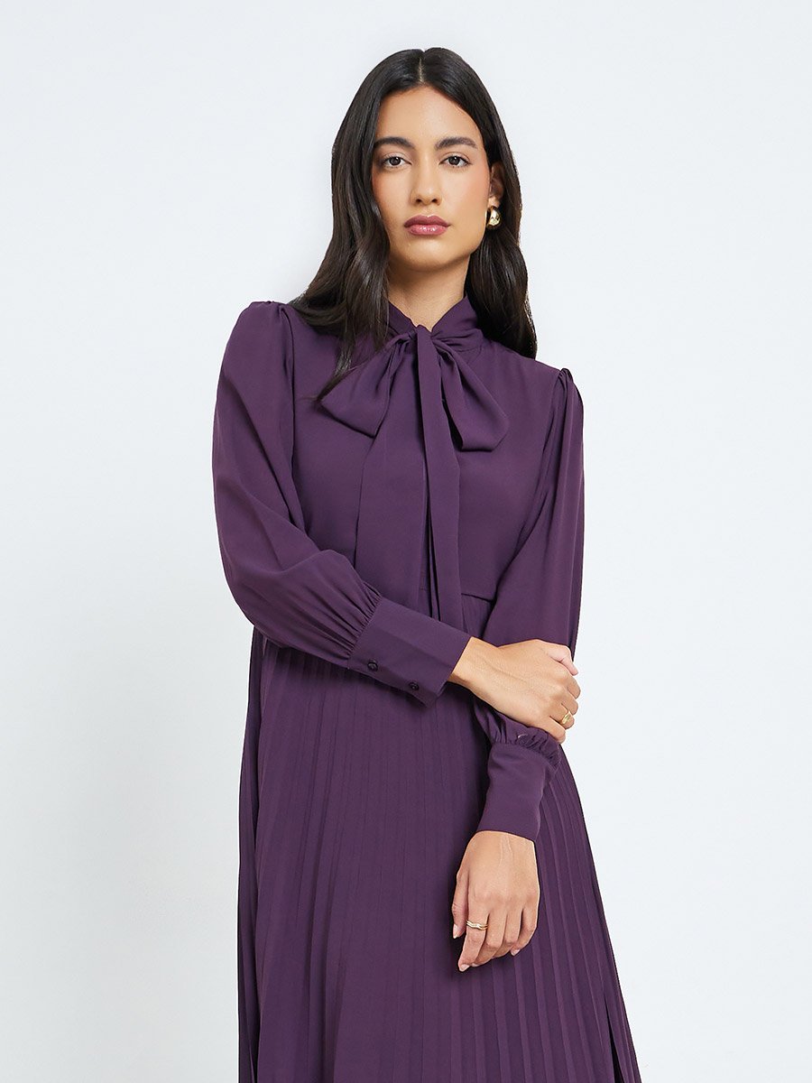 Purple Pleated Maxi Dress with Bow Tie