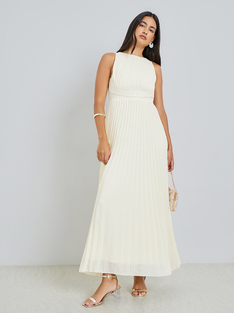 strapless open back dress Pleated cream satin maxi dress – Li Fashion Specialist main image 1