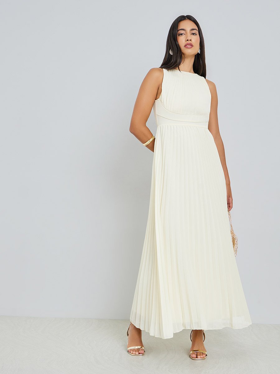 Cream Pleated Sleeveless Maxi Dress