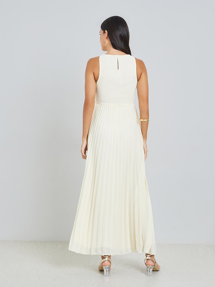 Cream Pleated Sleeveless Maxi Dress