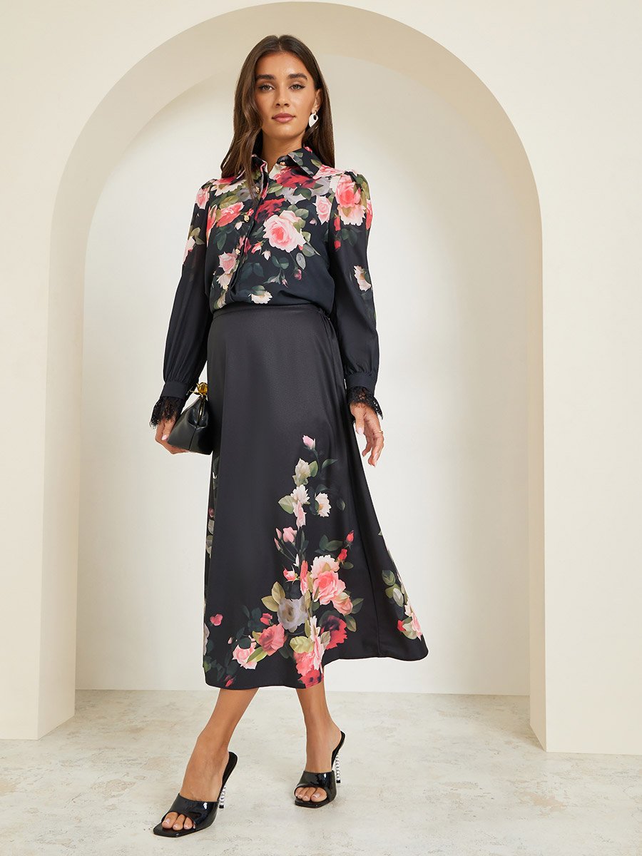 Women Black Floral Print A-Line Midi Skirt