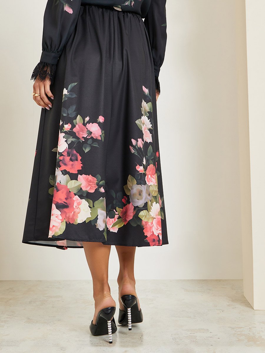 Women Black Floral Print A-Line Midi Skirt