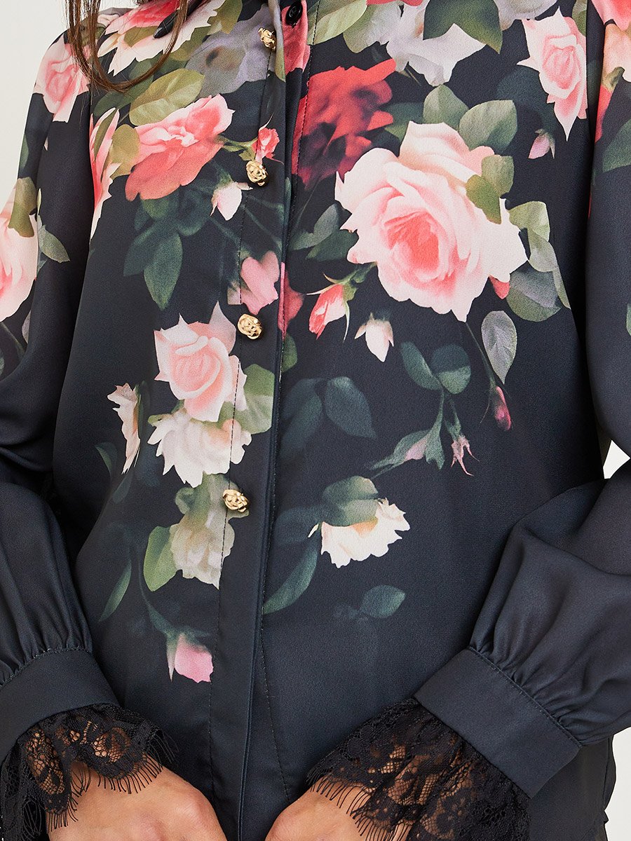 Women Black Floral Print Long Sleeve Shirt