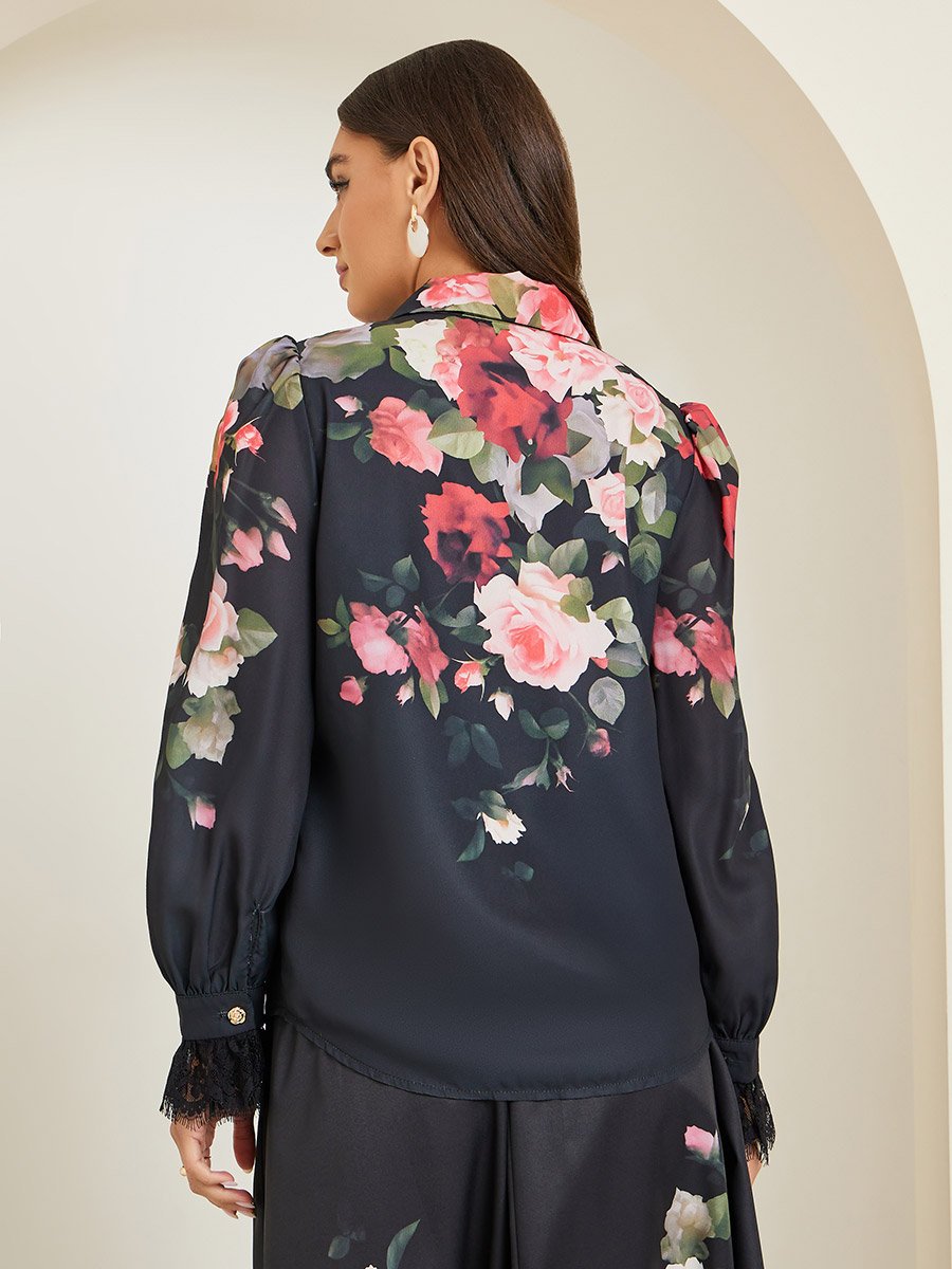 Women Black Floral Print Long Sleeve Shirt
