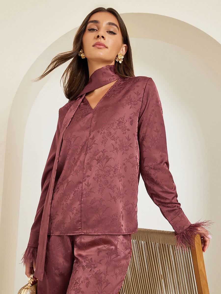 Burgundy Floral Jacquard Blouse with Scarf Detail