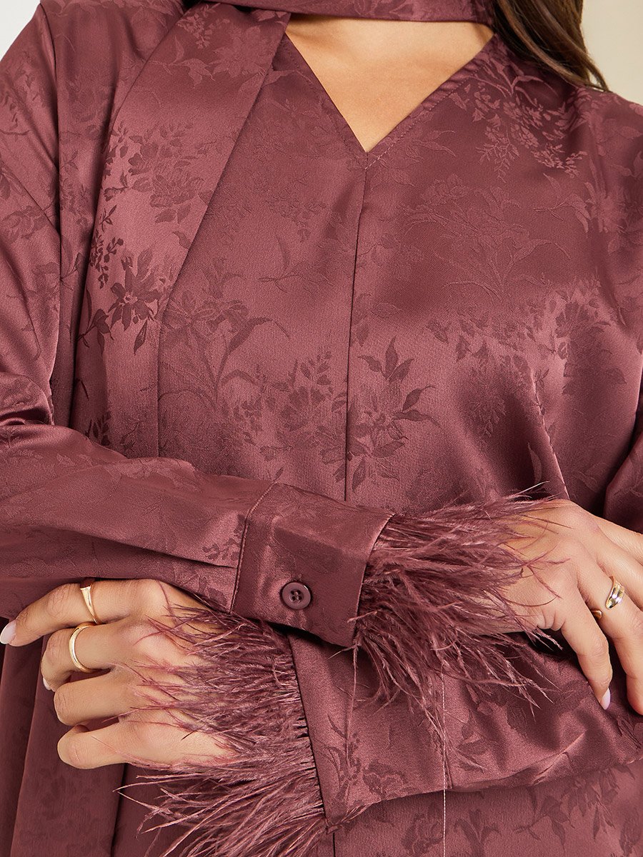 Burgundy Floral Jacquard Blouse with Scarf Detail