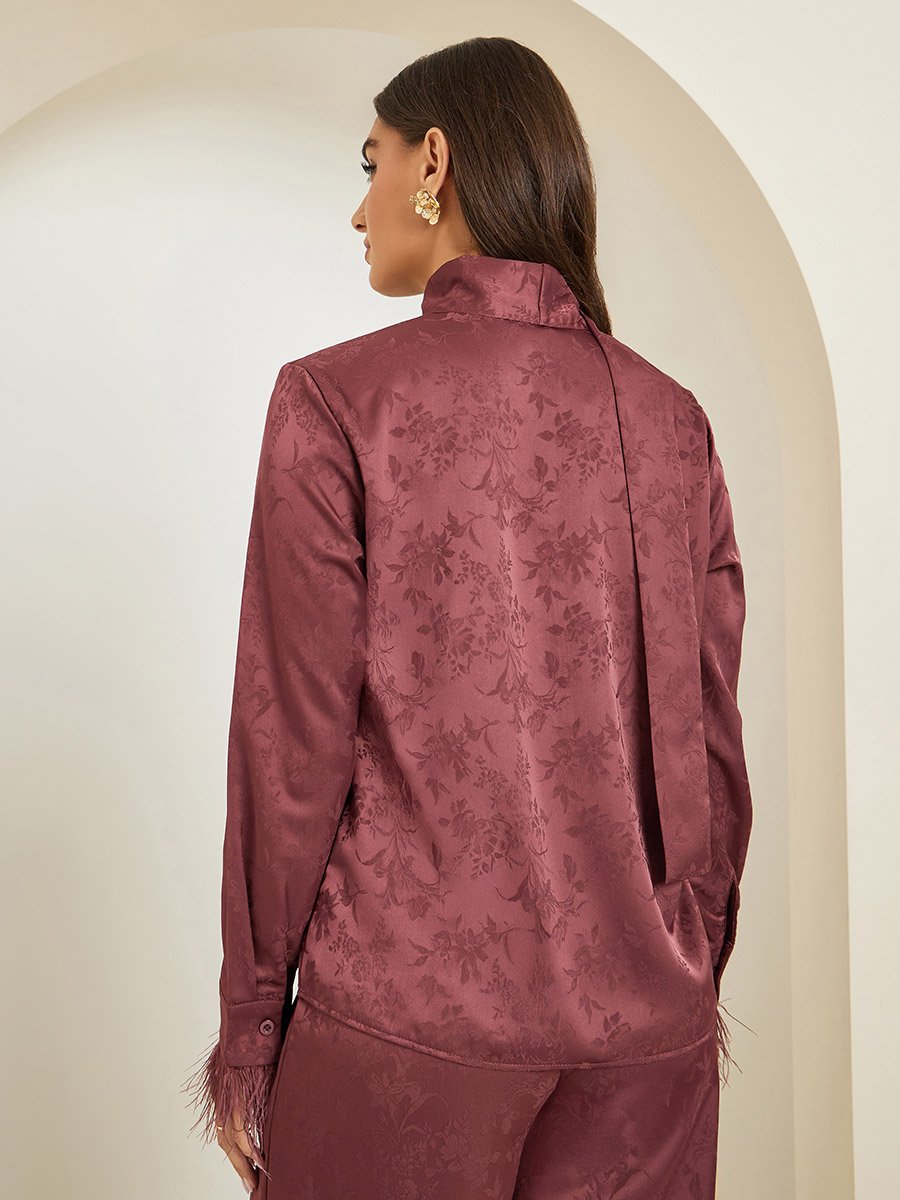 Burgundy Floral Jacquard Blouse with Scarf Detail