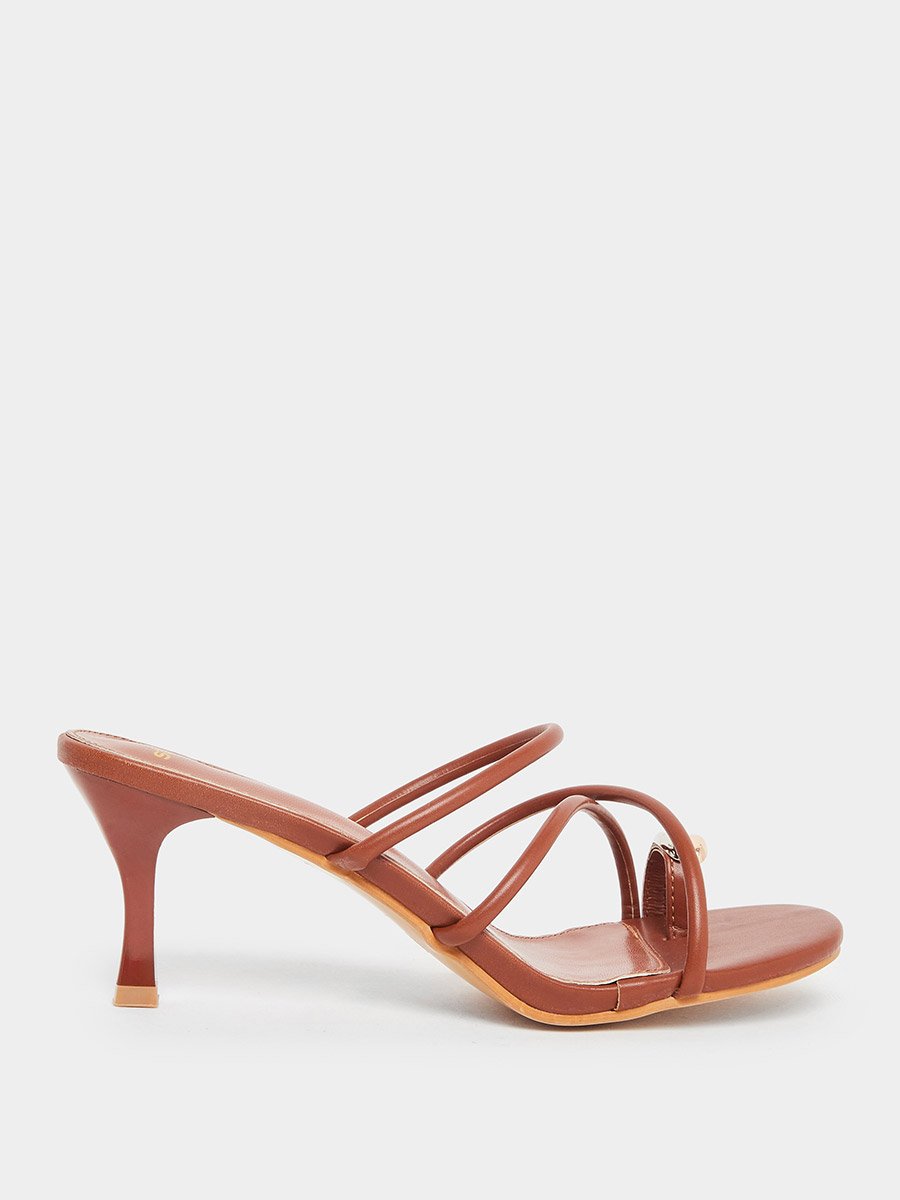 Women Tan Strappy Stiletto Heel Sandals