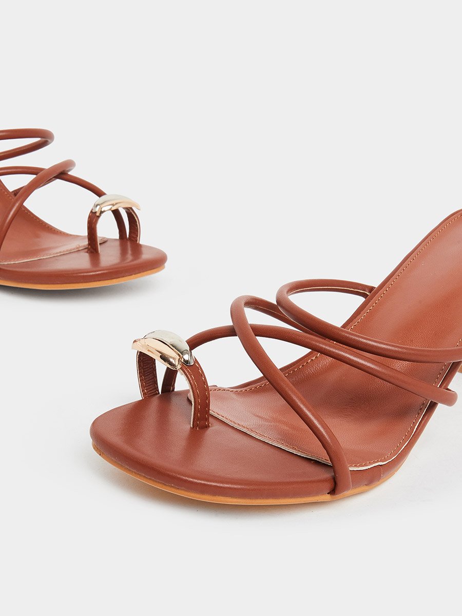 Women Tan Strappy Stiletto Heel Sandals