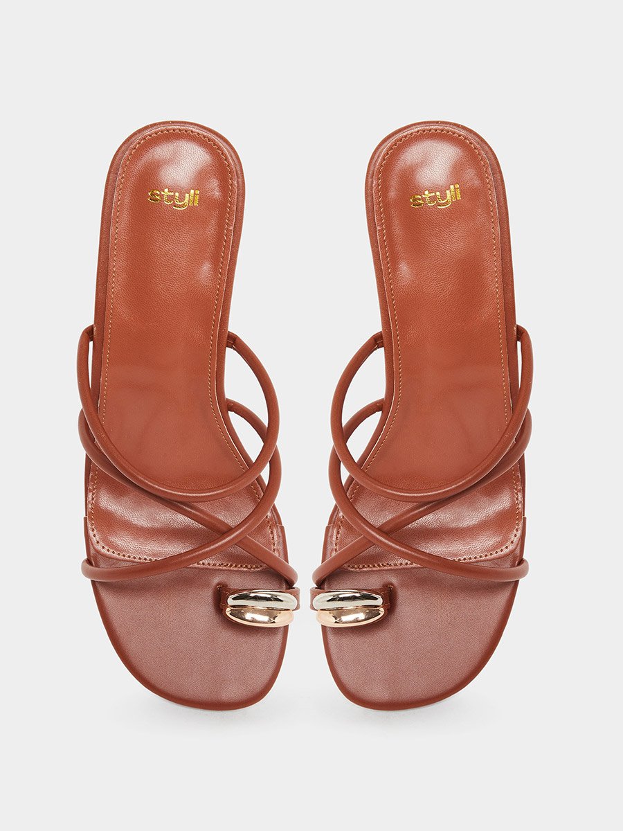 Women Tan Strappy Stiletto Heel Sandals