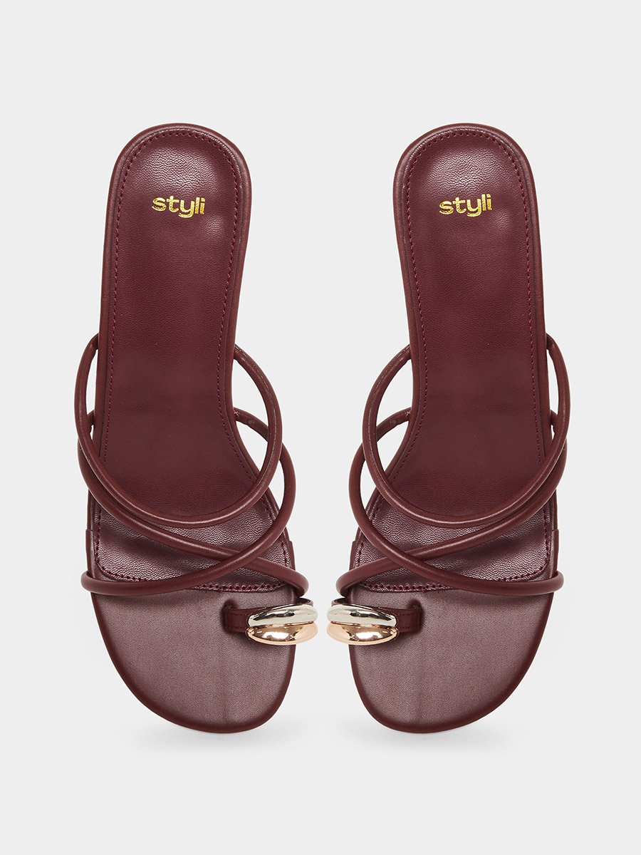 Women Burgundy Strappy Stiletto Heel Sandals