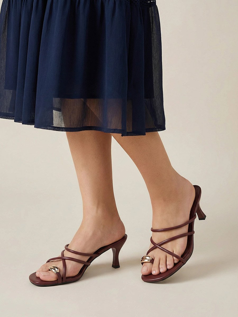 Women Burgundy Strappy Stiletto Heel Sandals
