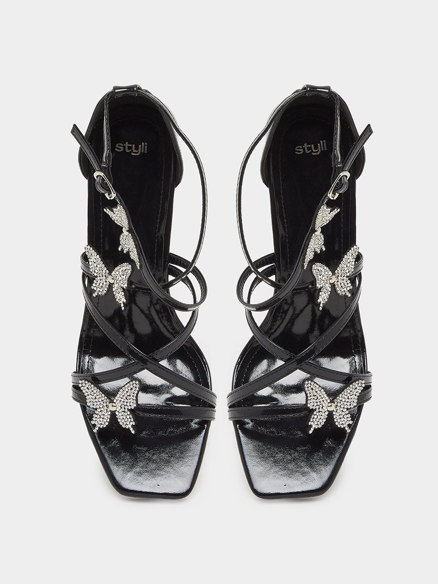 Women Black Embellished Block Heel Sandals