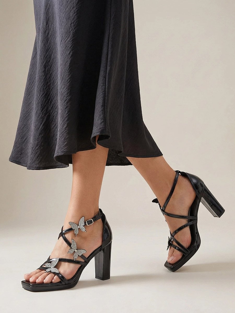 Women Black Embellished Block Heel Sandals