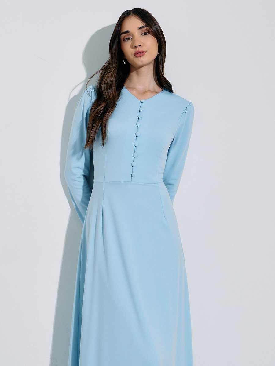 Women Button Placket Plain Maxi Dress
