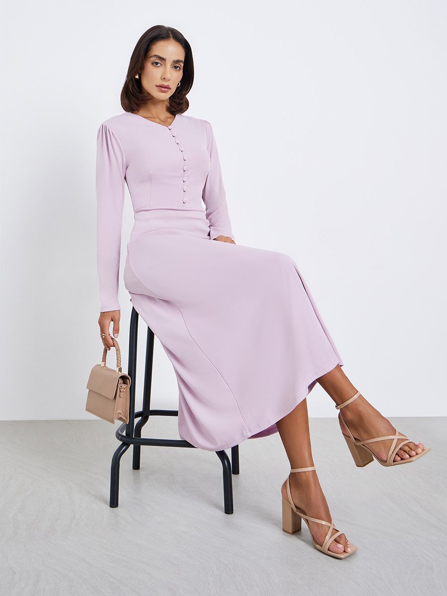 Women Button Placket Plain Maxi Dress