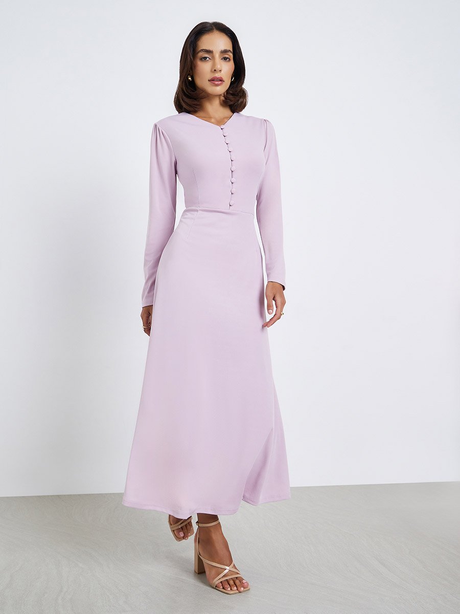 Women Button Placket Plain Maxi Dress