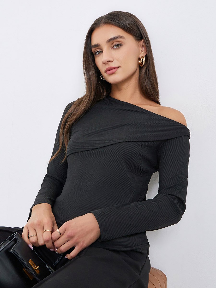 Black Solid One Shoulder Knit Top