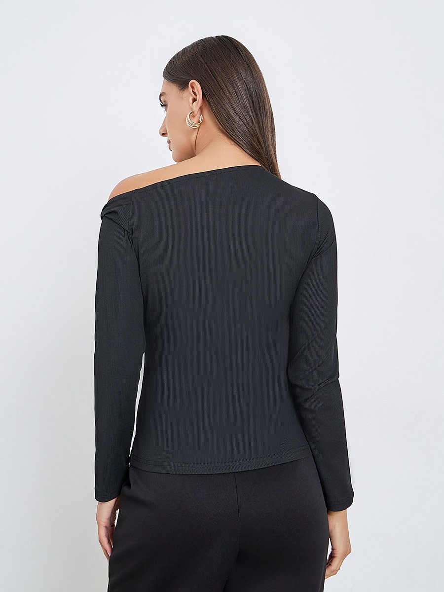 Black Solid One Shoulder Knit Top