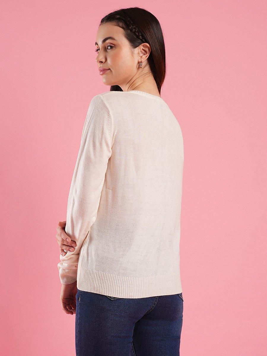Women Off White Ribbed Hem Knitted Sweater