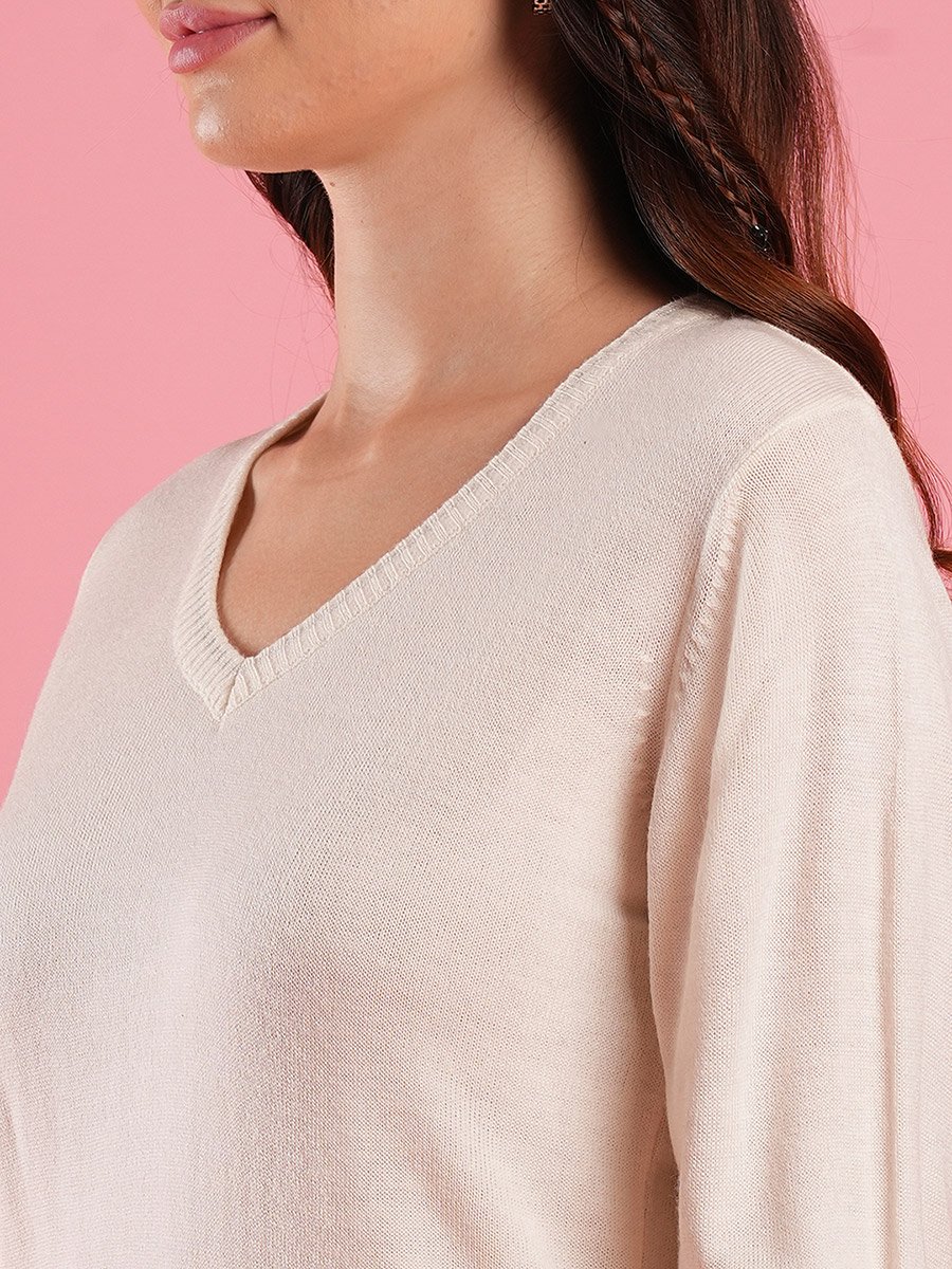 Women Off White Ribbed Hem Knitted Sweater