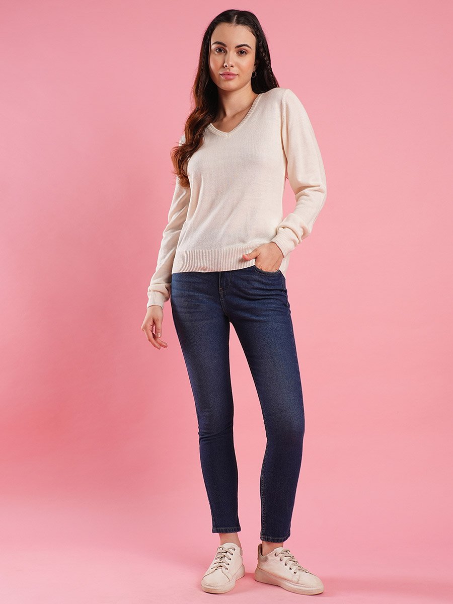 Women Off White Ribbed Hem Knitted Sweater