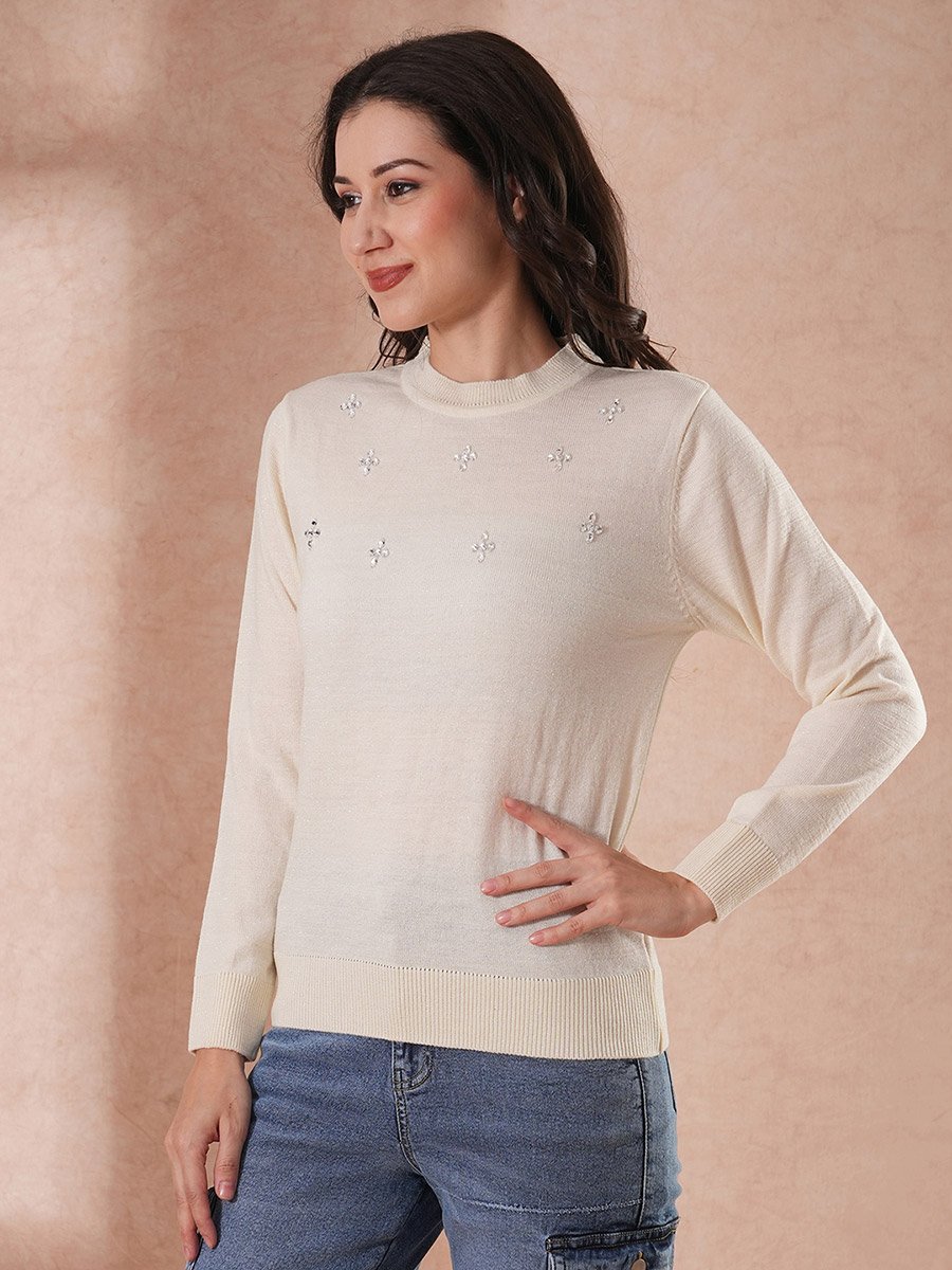 Women White Solid Embellished Sweater