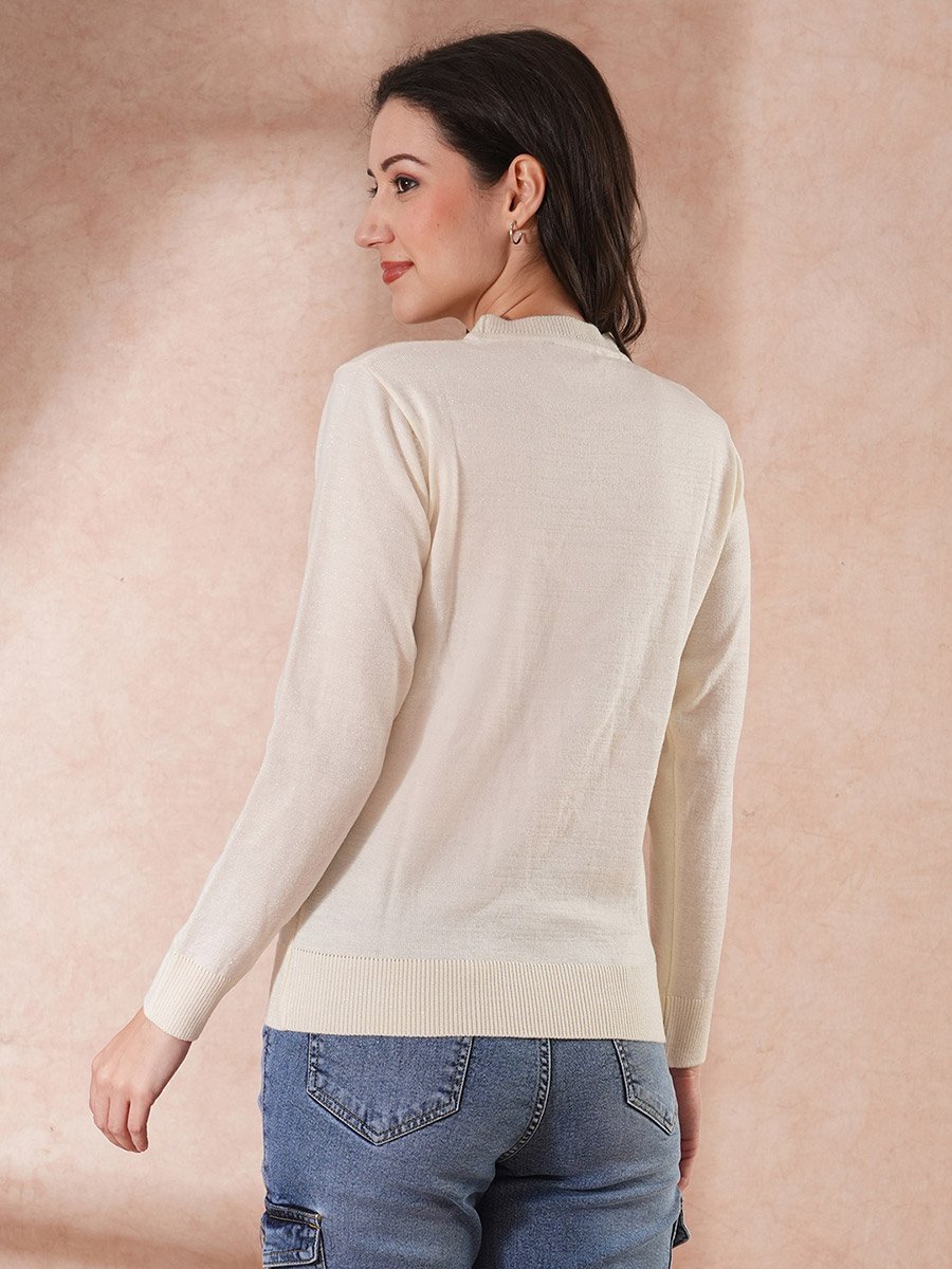 Women White Solid Embellished Sweater