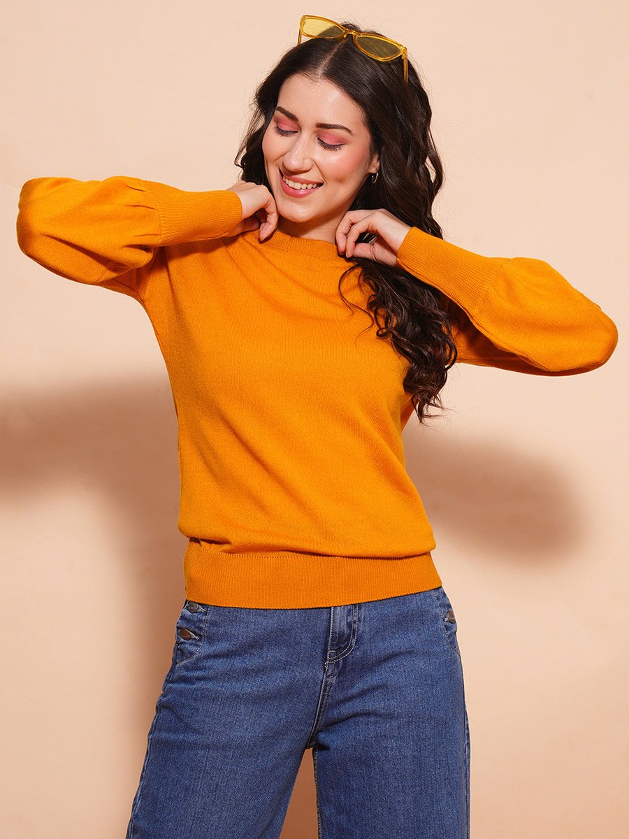 Women Mustard Cotton Ribbed Sweater
