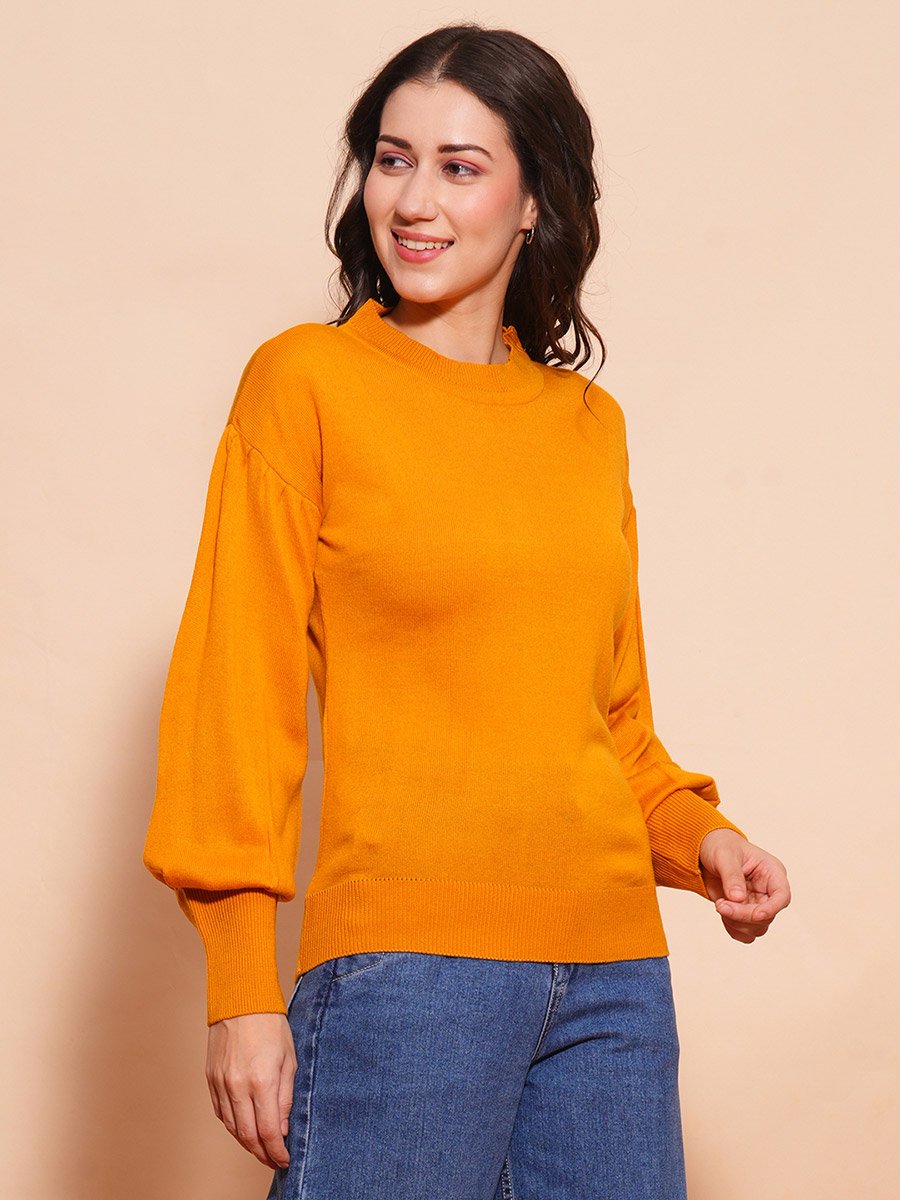 Women Mustard Cotton Ribbed Sweater