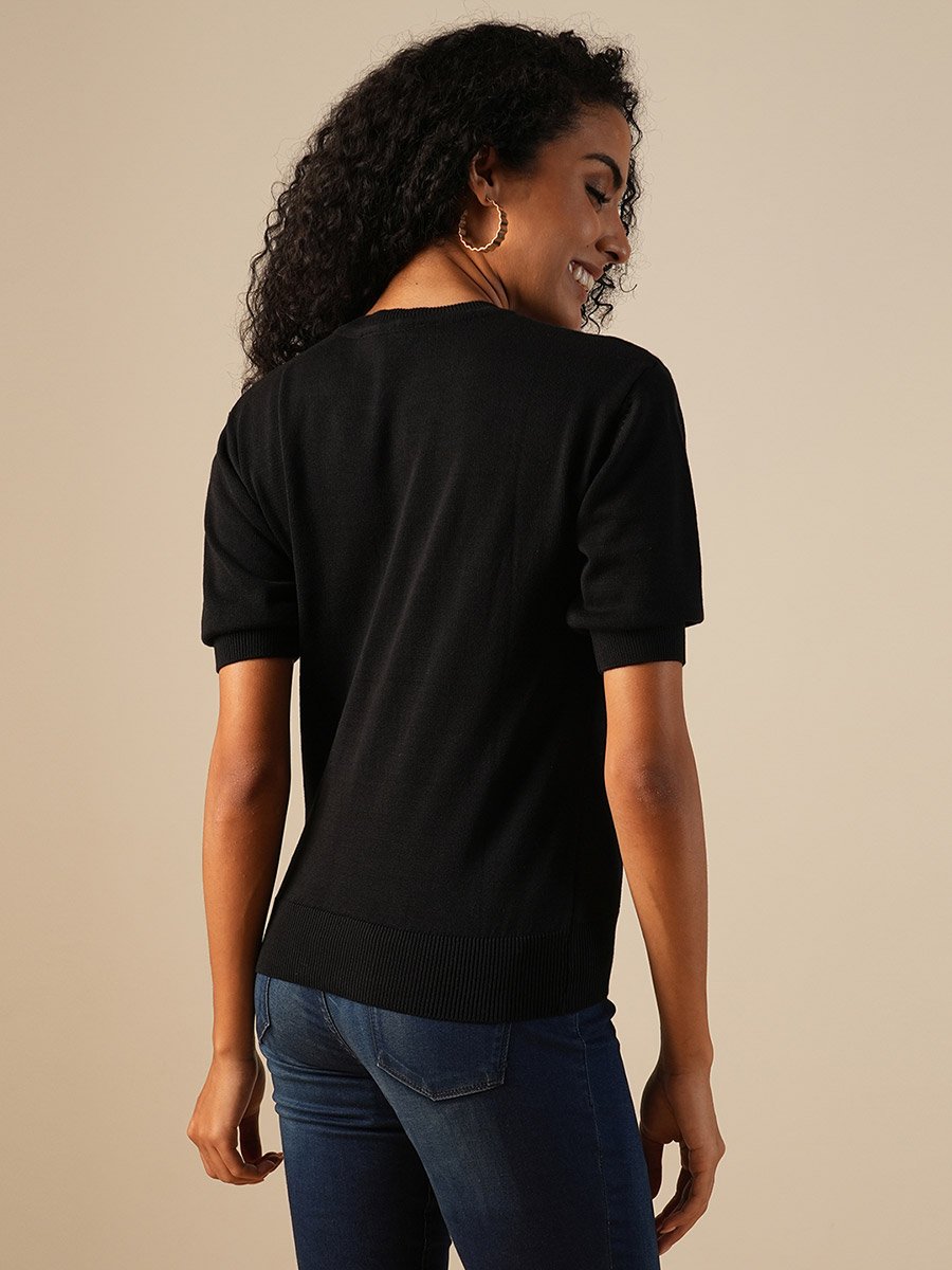 Women Black Round Neck Knitted Sweater