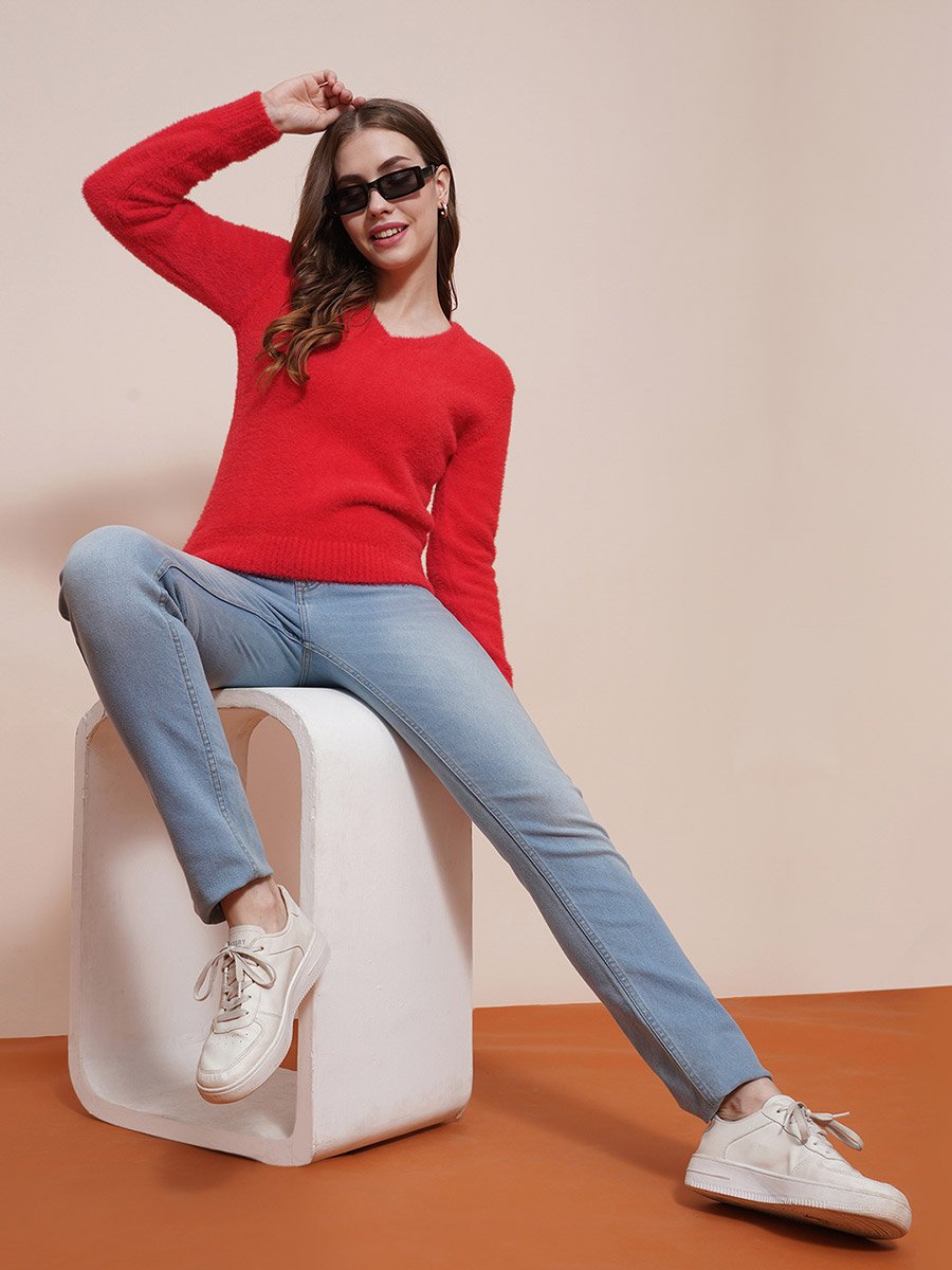 Women Red V-Neck Knitted Ribbed Sweater