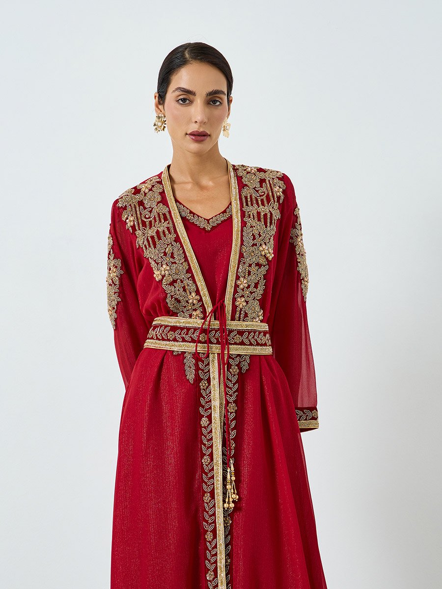Embellished Handwork Belted Kaftan with Inner Dress