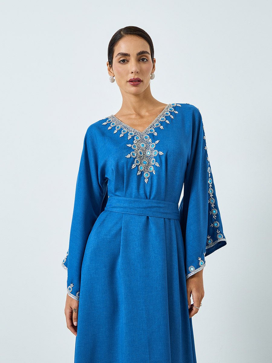 Women Blue Embellished Belted Jalabiya
