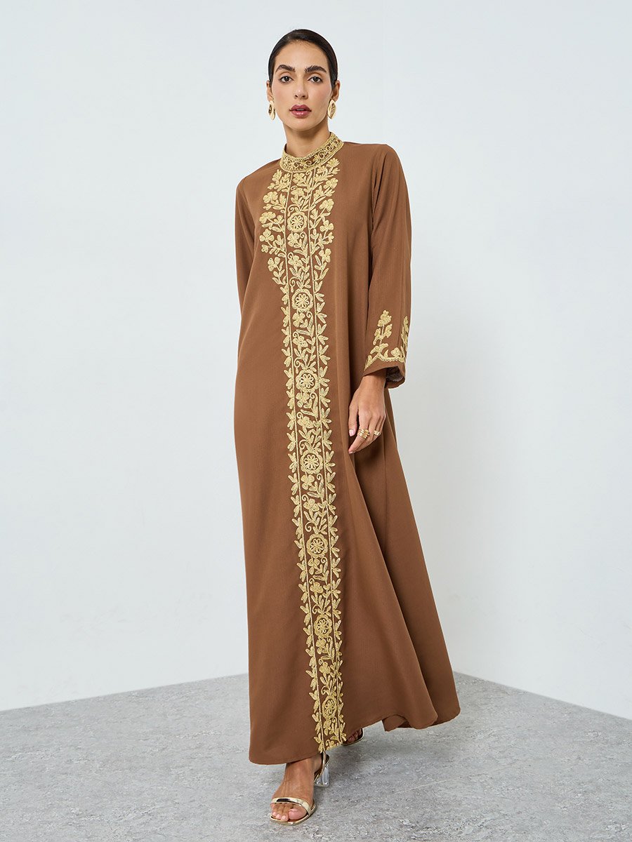 Women Brown Embroidered A-Line Jalabiya